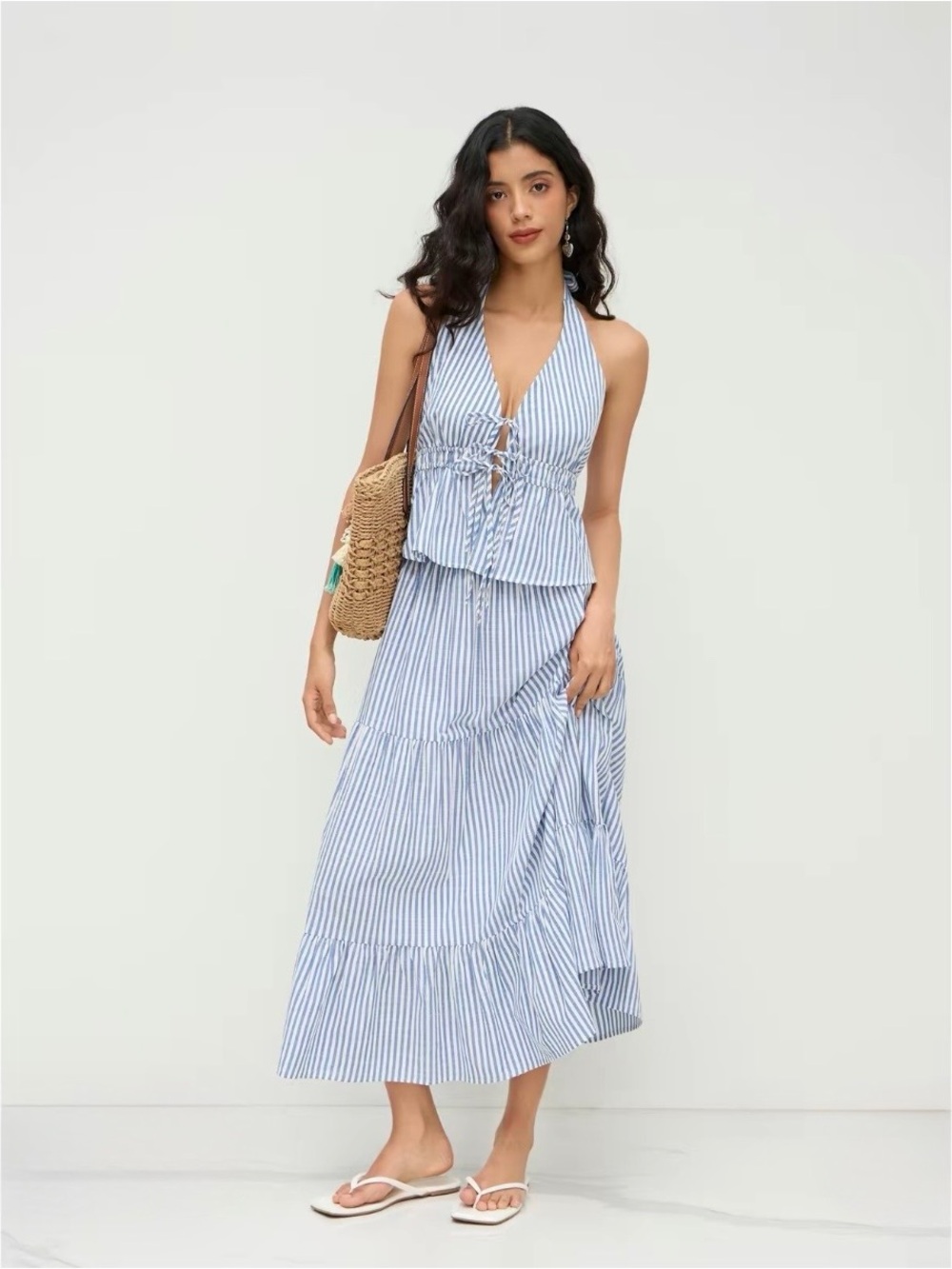 Striped Blue & White Halter Maxi Set